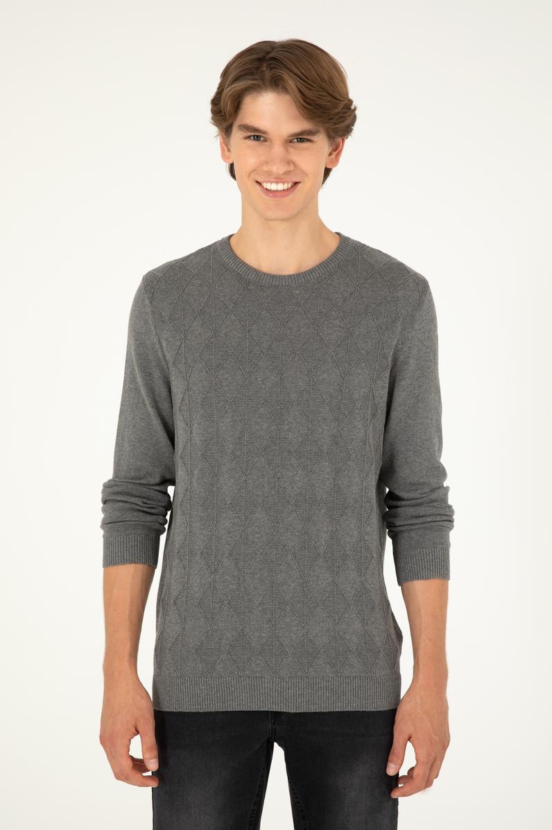 Erkek Slim Fit Bisiklet Yaka Gri Melanj Kazak