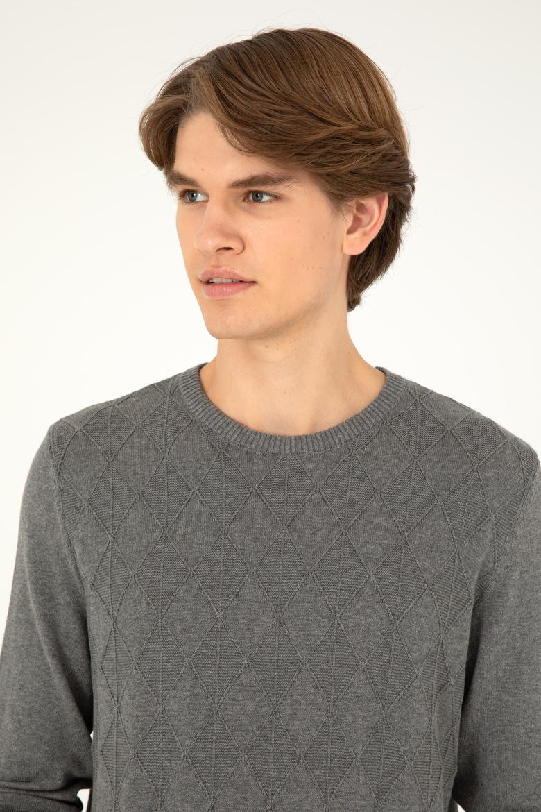 Erkek Slim Fit Bisiklet Yaka Gri Melanj Kazak - 50293023034