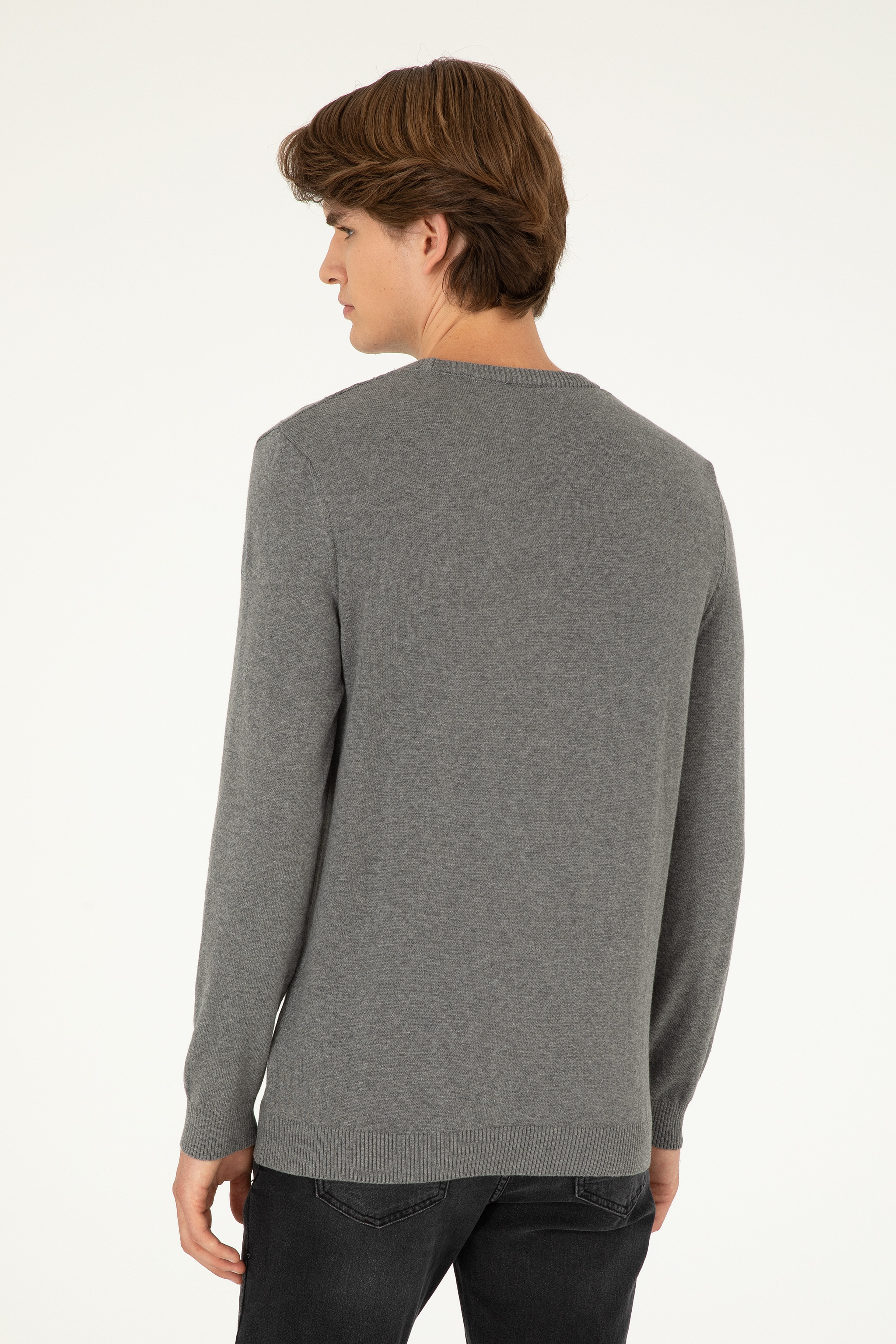 Erkek Slim Fit Bisiklet Yaka Gri Melanj Kazak