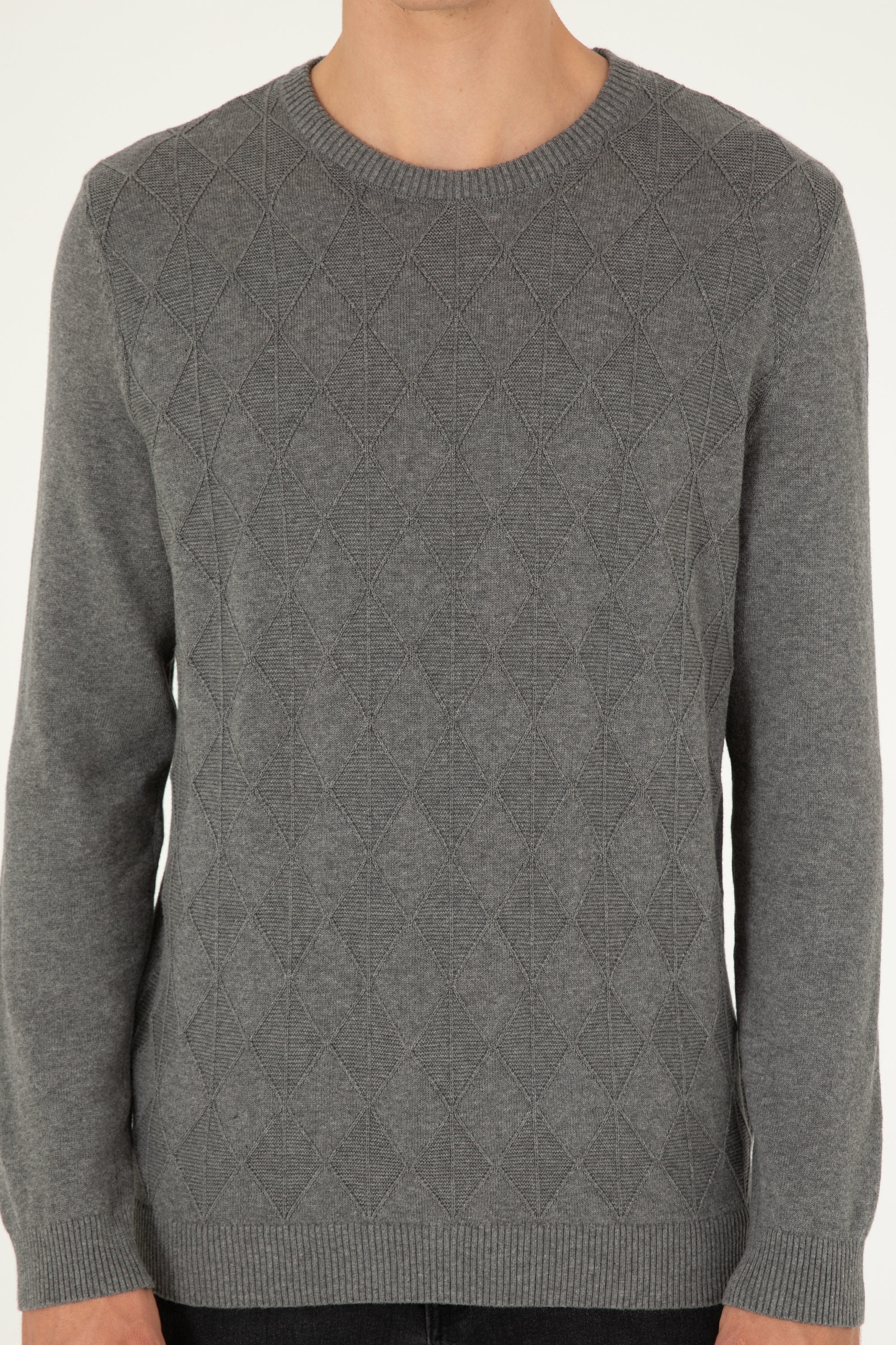 Erkek Slim Fit Bisiklet Yaka Gri Melanj Kazak - Image 6
