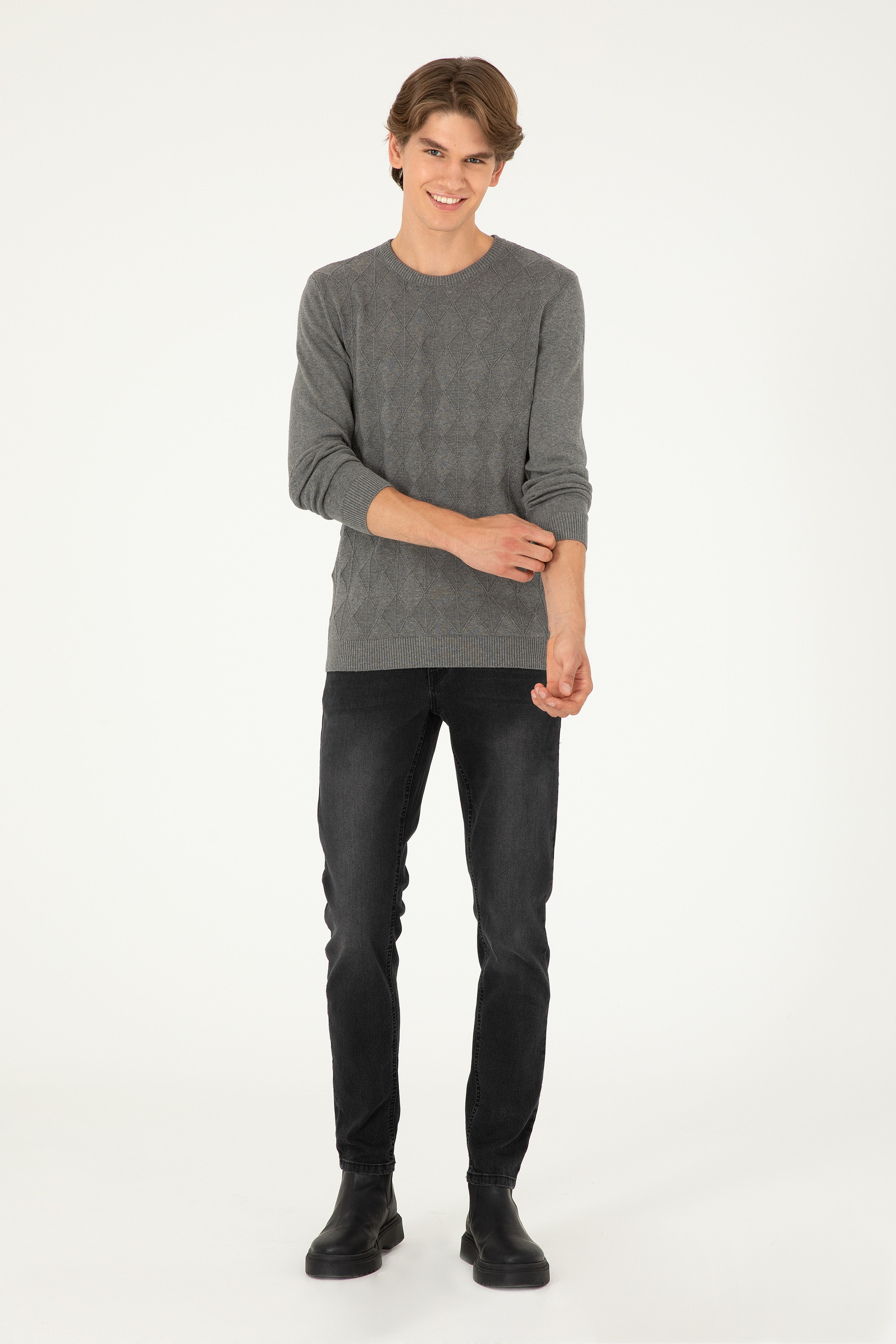 Erkek Slim Fit Bisiklet Yaka Gri Melanj Kazak - Image 4