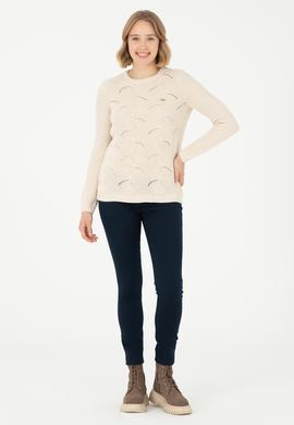 Kadın Krem Melanj Bisiklet Yaka Kazak - 50293054021