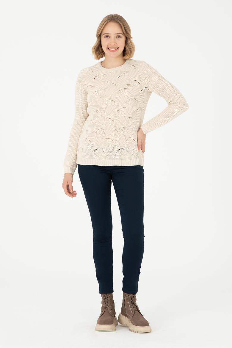 Kadın Krem Melanj Bisiklet Yaka Kazak - 50293054021