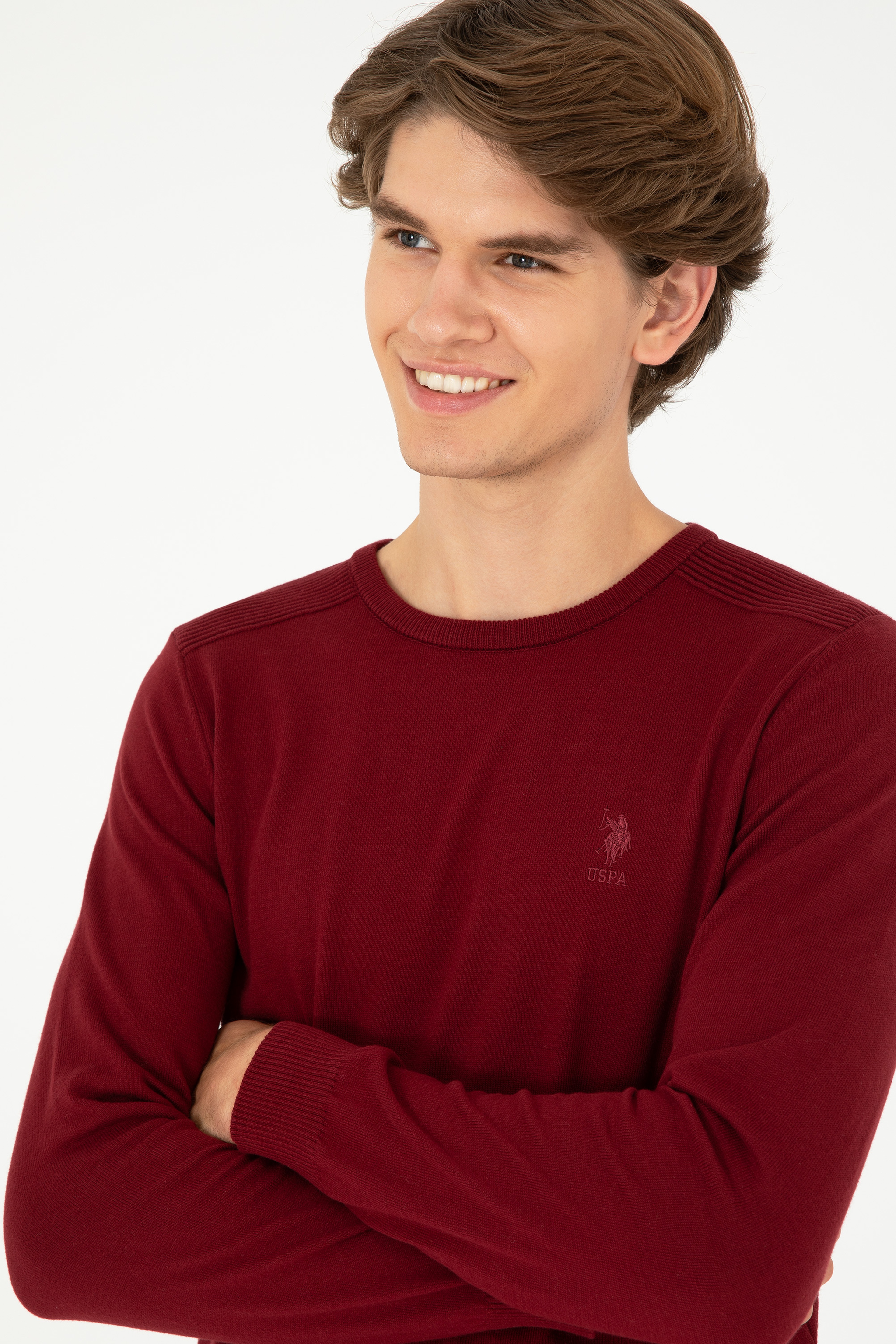 Erkek Slim Fit Bisiklet Yaka Bordo Basic Kazak - Image 2