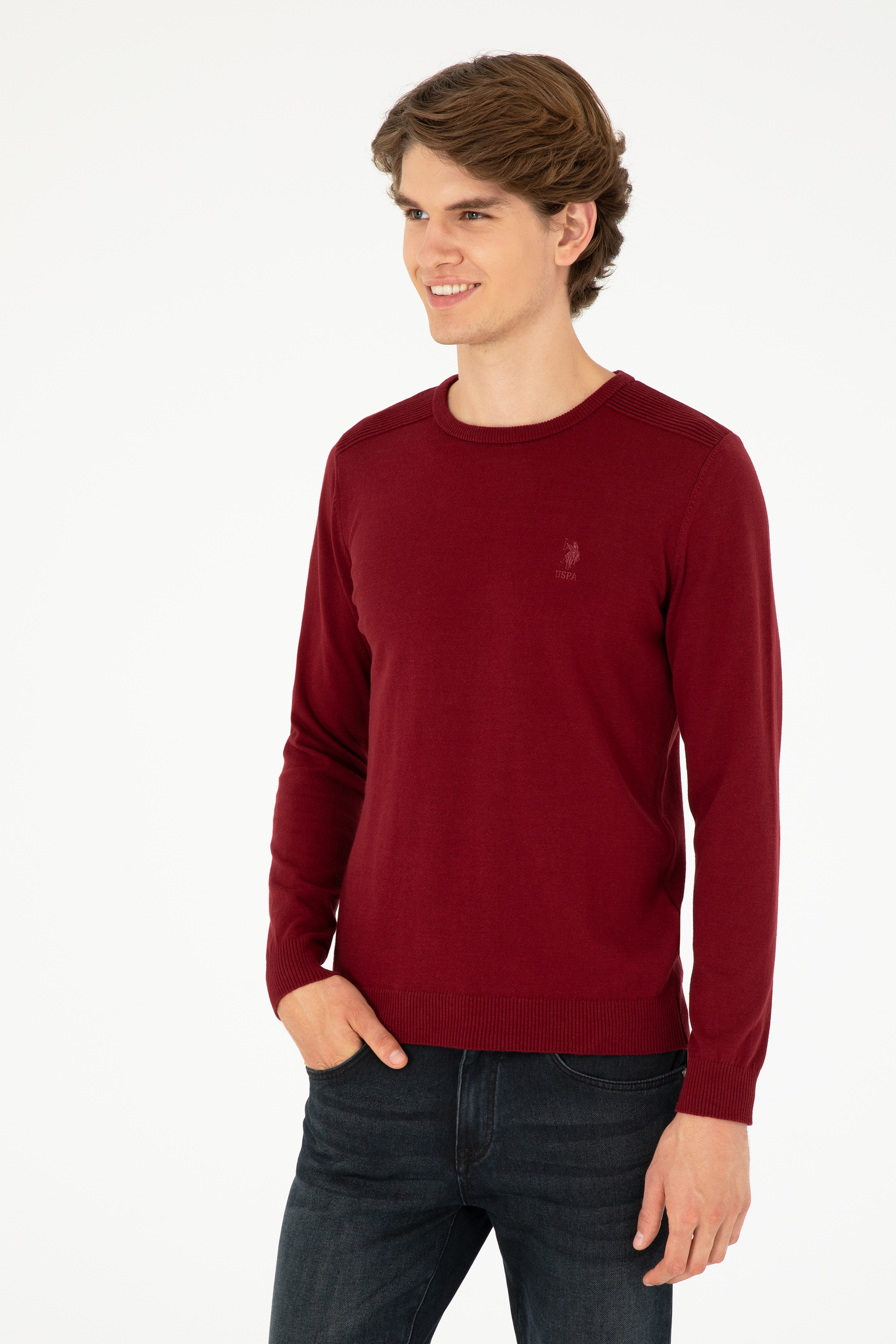 Erkek Slim Fit Bisiklet Yaka Bordo Basic Kazak - Image 3