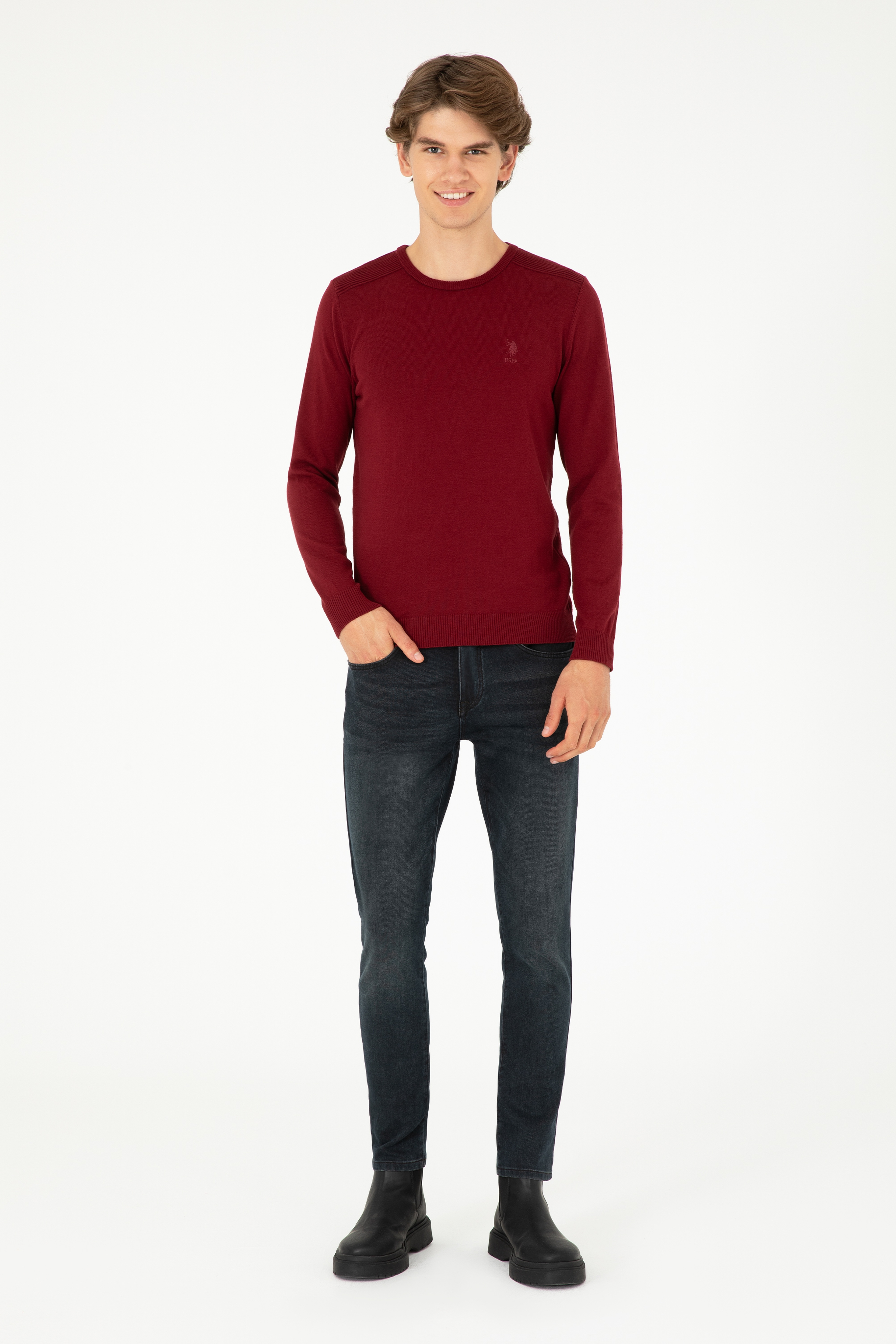 Erkek Slim Fit Bisiklet Yaka Bordo Basic Kazak - Image 4