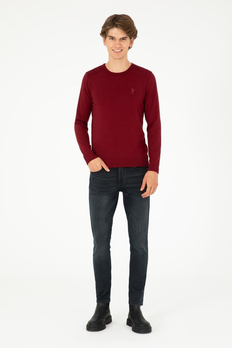 Erkek Slim Fit Bisiklet Yaka Bordo Basic Kazak - 50288888081