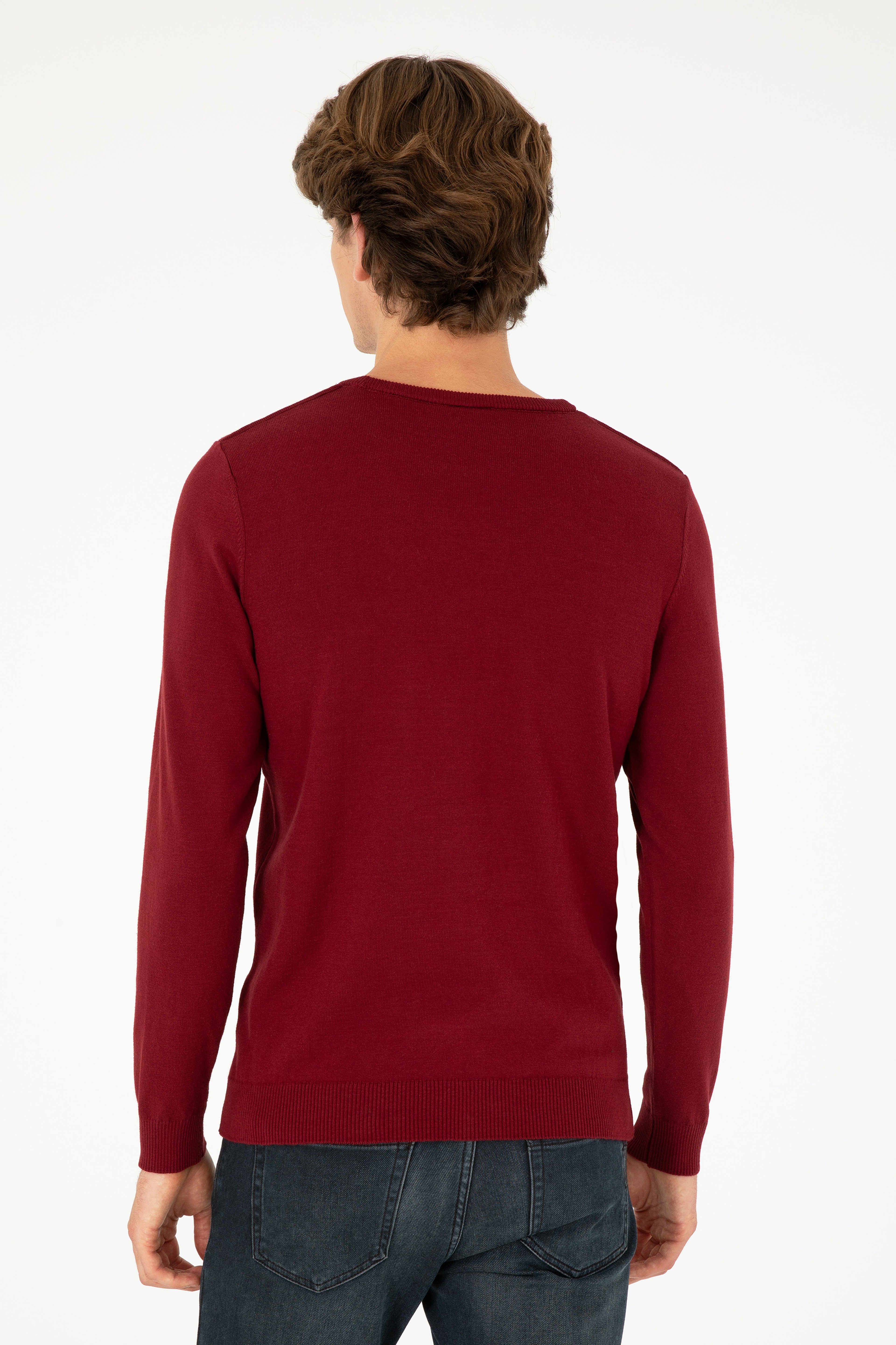 Erkek Slim Fit Bisiklet Yaka Bordo Basic Kazak - Image 5