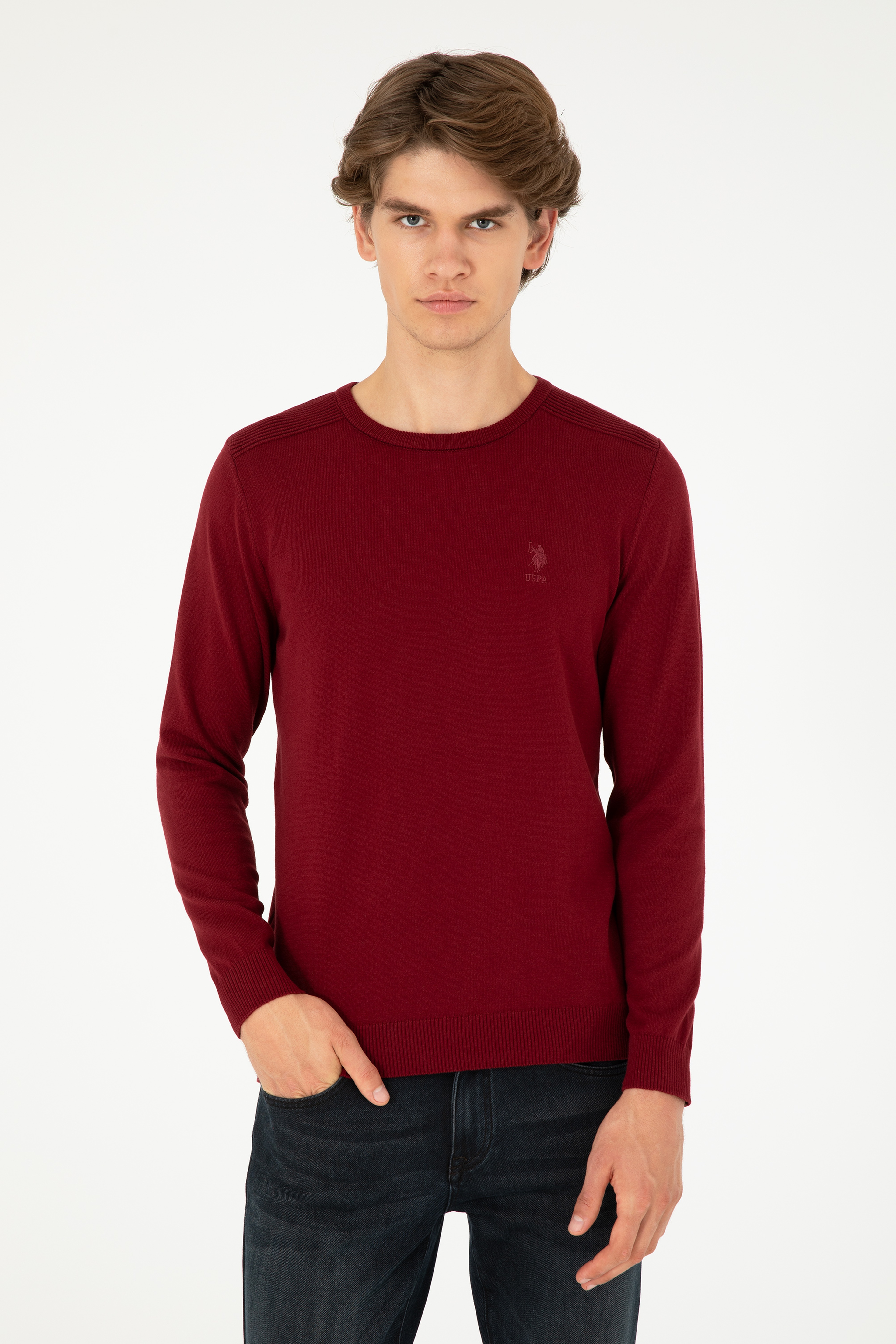Erkek Slim Fit Bisiklet Yaka Bordo Basic Kazak - Image 1