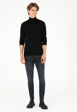 Erkek Slim Fit Boğazlı Yaka Siyah Basic Kazak - 50288884036