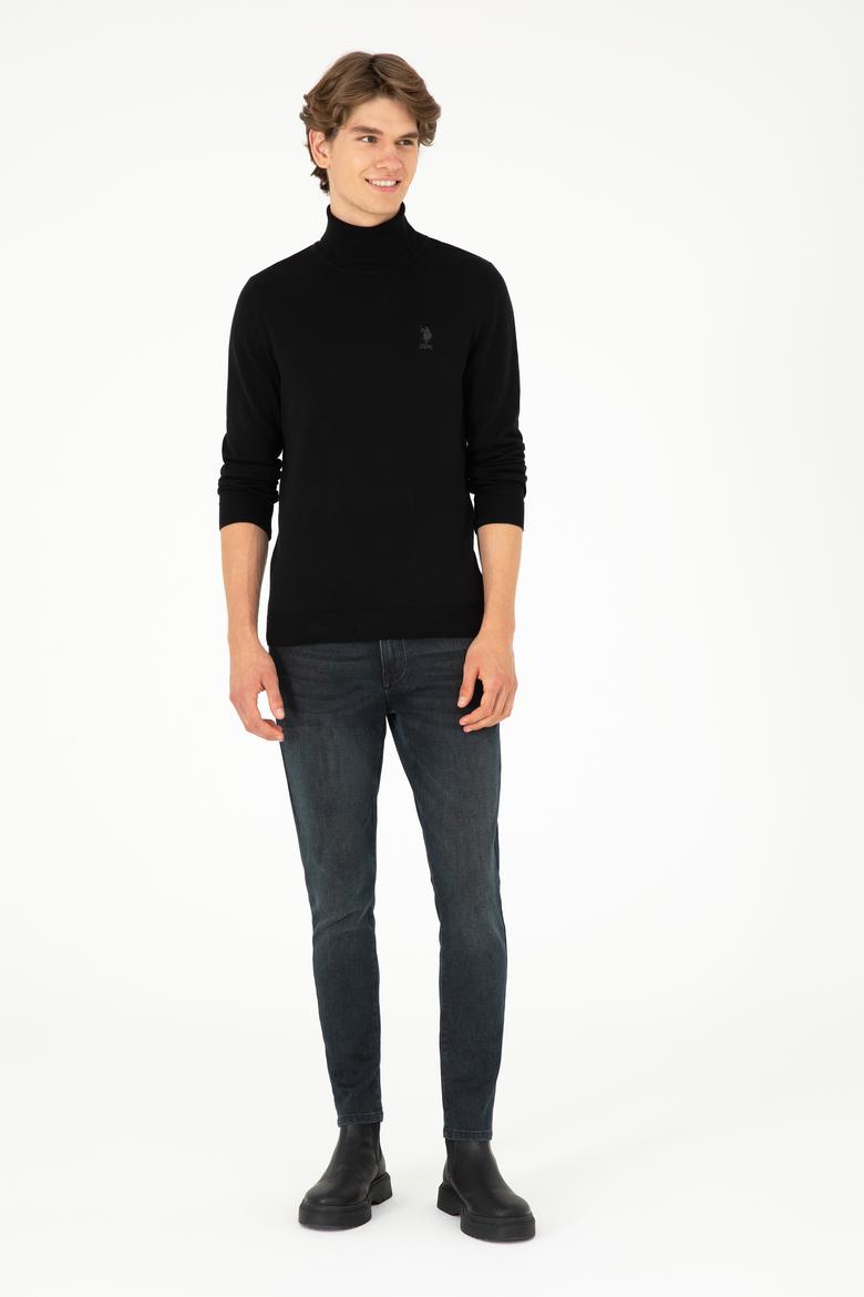 Erkek Slim Fit Boğazlı Yaka Siyah Basic Kazak - 50288884036