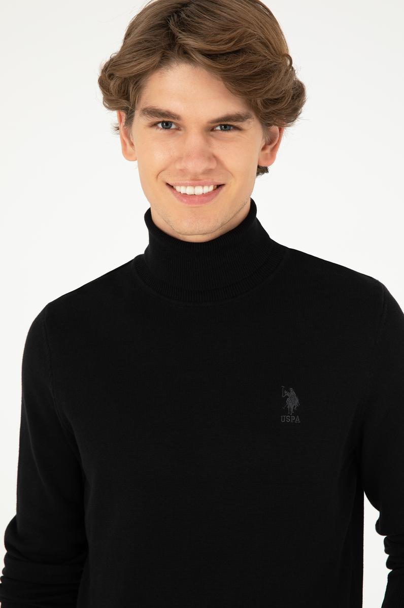 Erkek Slim Fit Boğazlı Yaka Siyah Basic Kazak