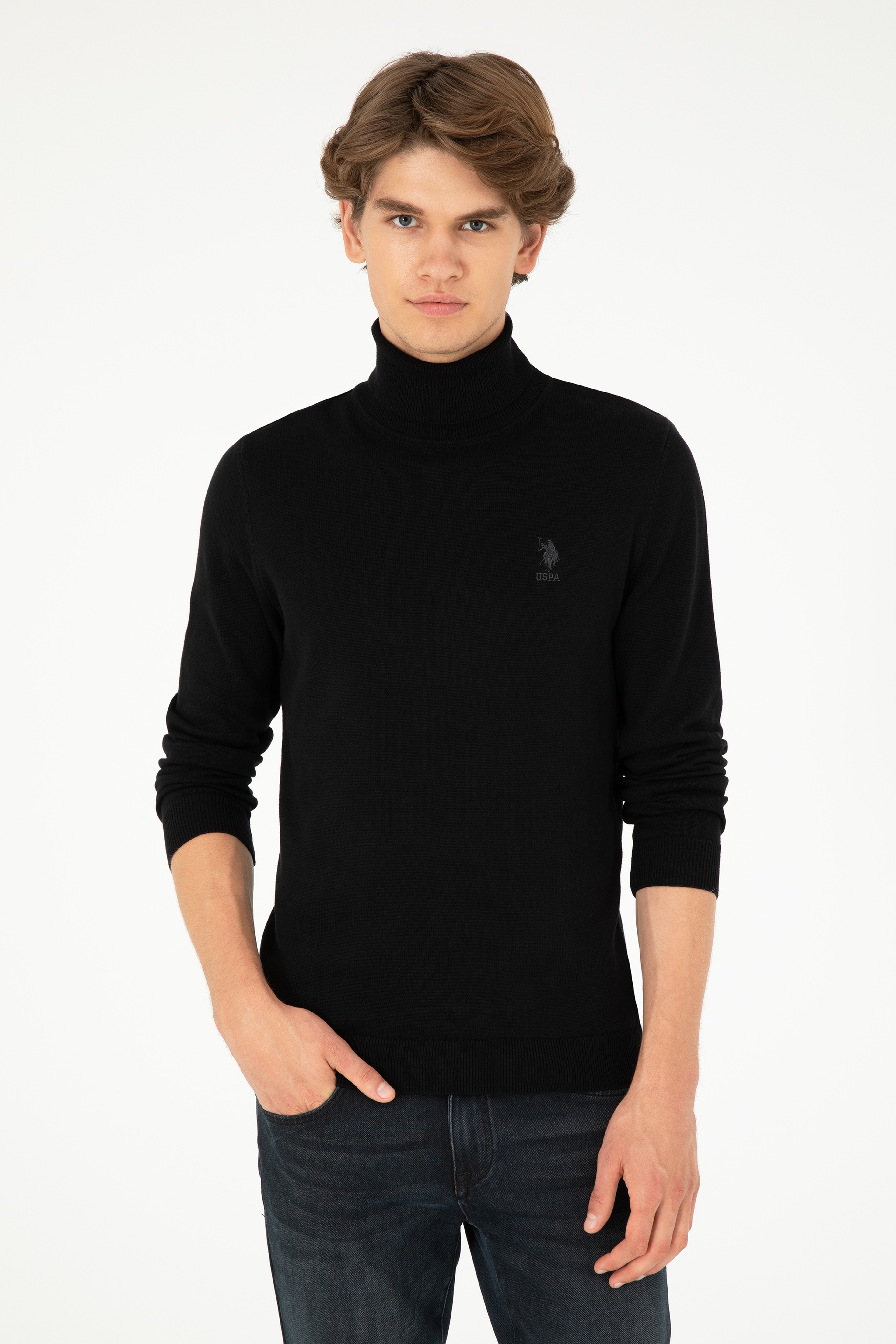 Erkek Slim Fit Boğazlı Yaka Siyah Basic Kazak