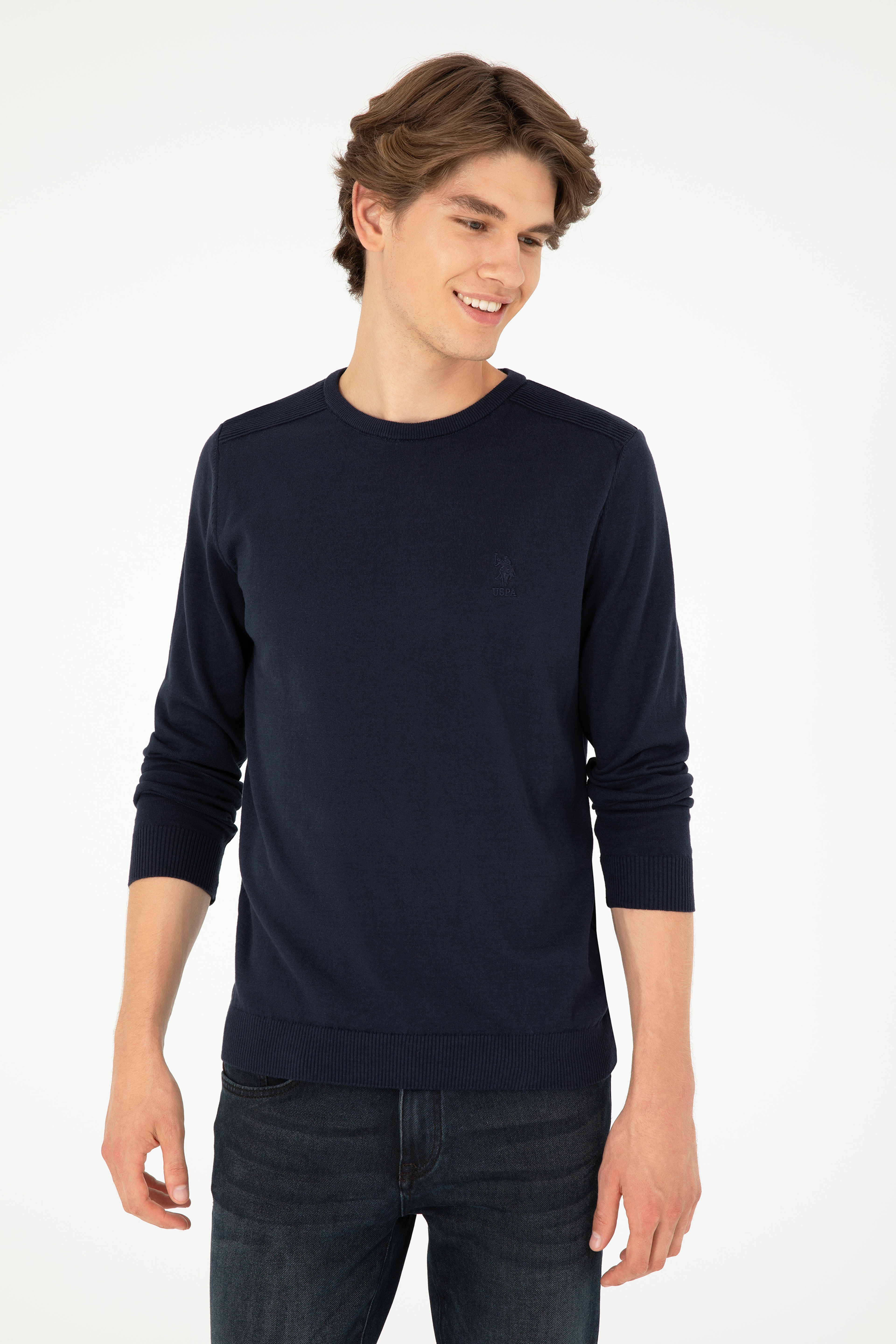 Erkek Slim Fit Bisiklet Yaka Lacivert Basic Kazak - Image 3