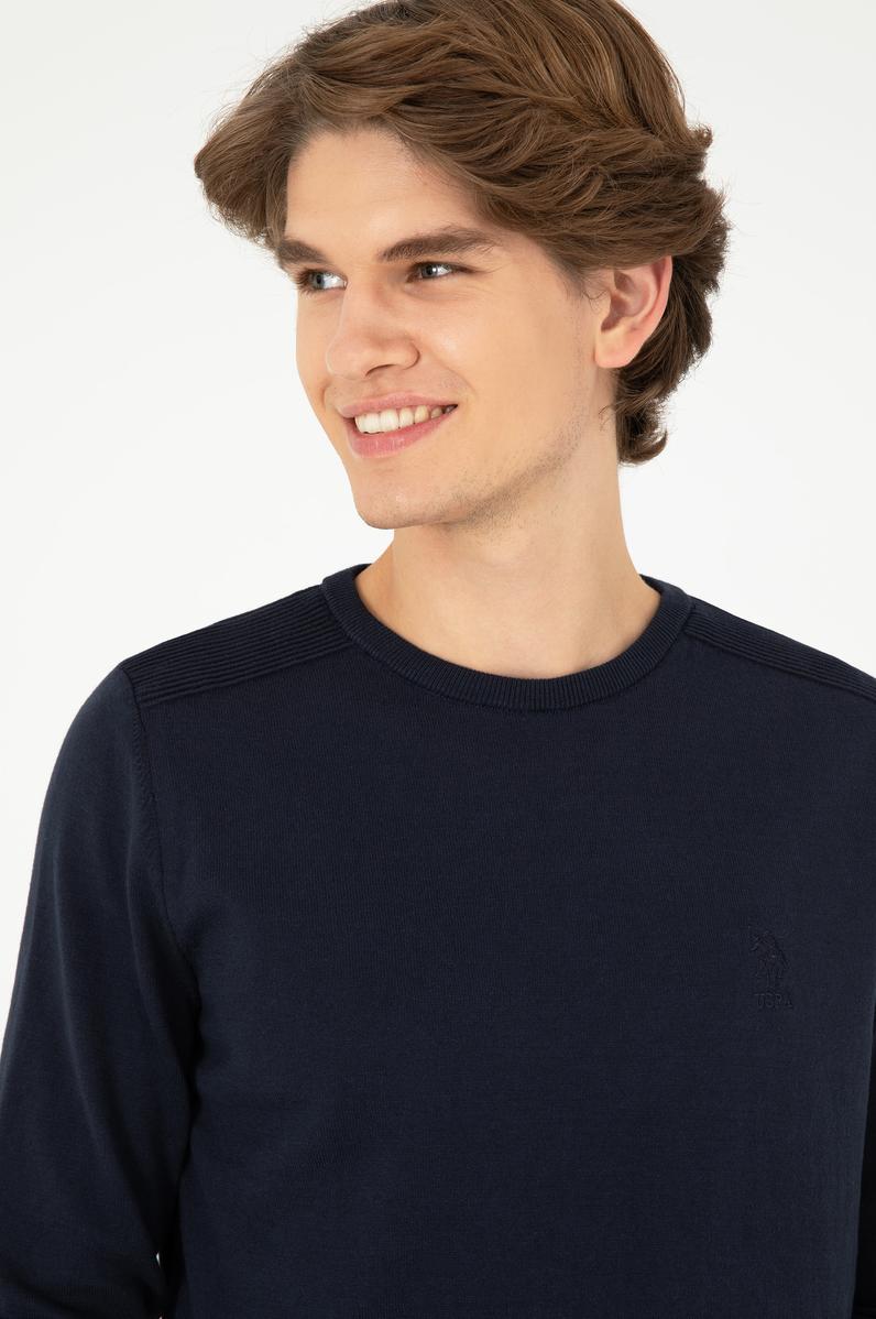 Erkek Slim Fit Bisiklet Yaka Lacivert Basic Kazak