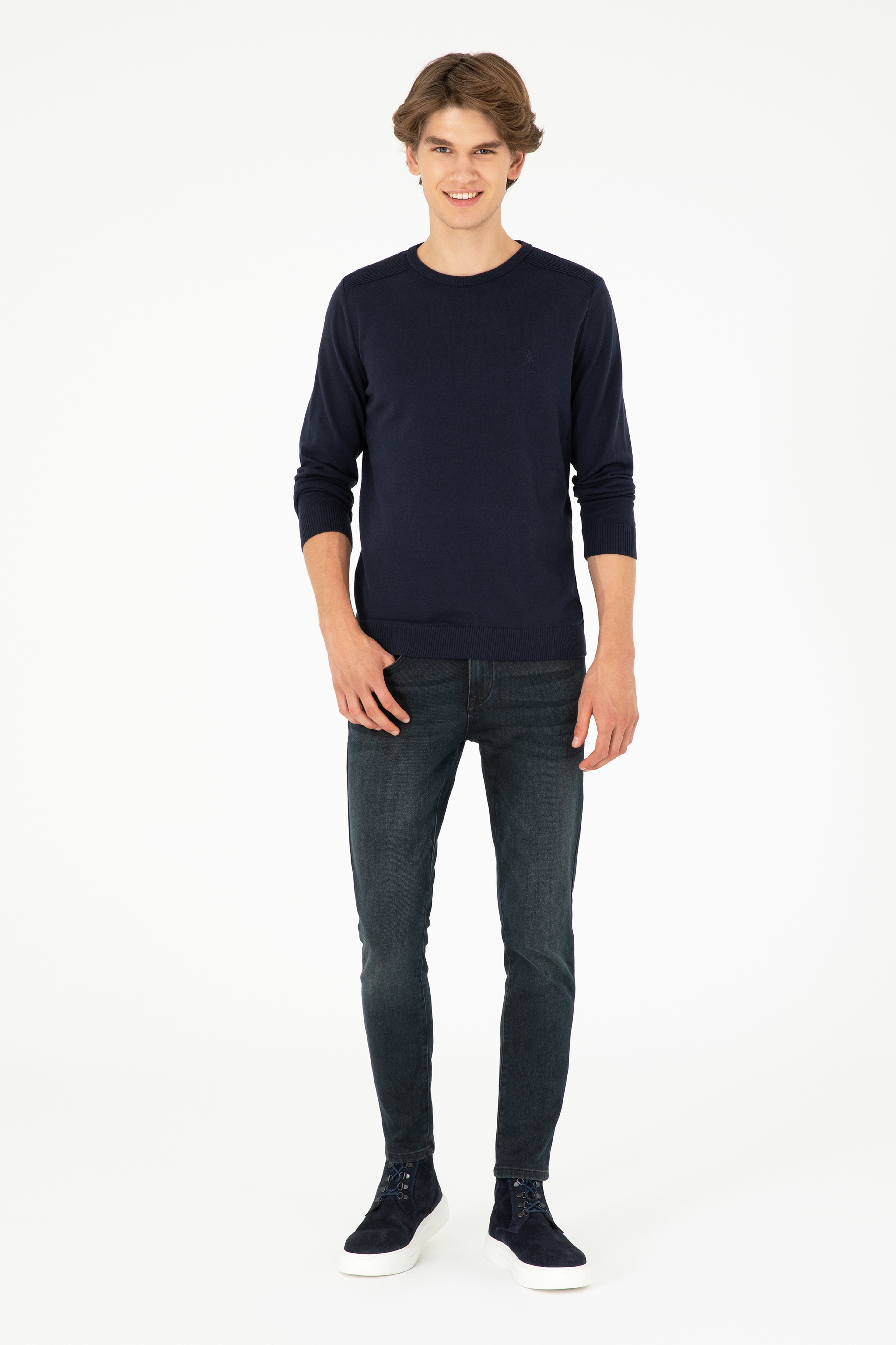 Erkek Slim Fit Bisiklet Yaka Lacivert Basic Kazak
