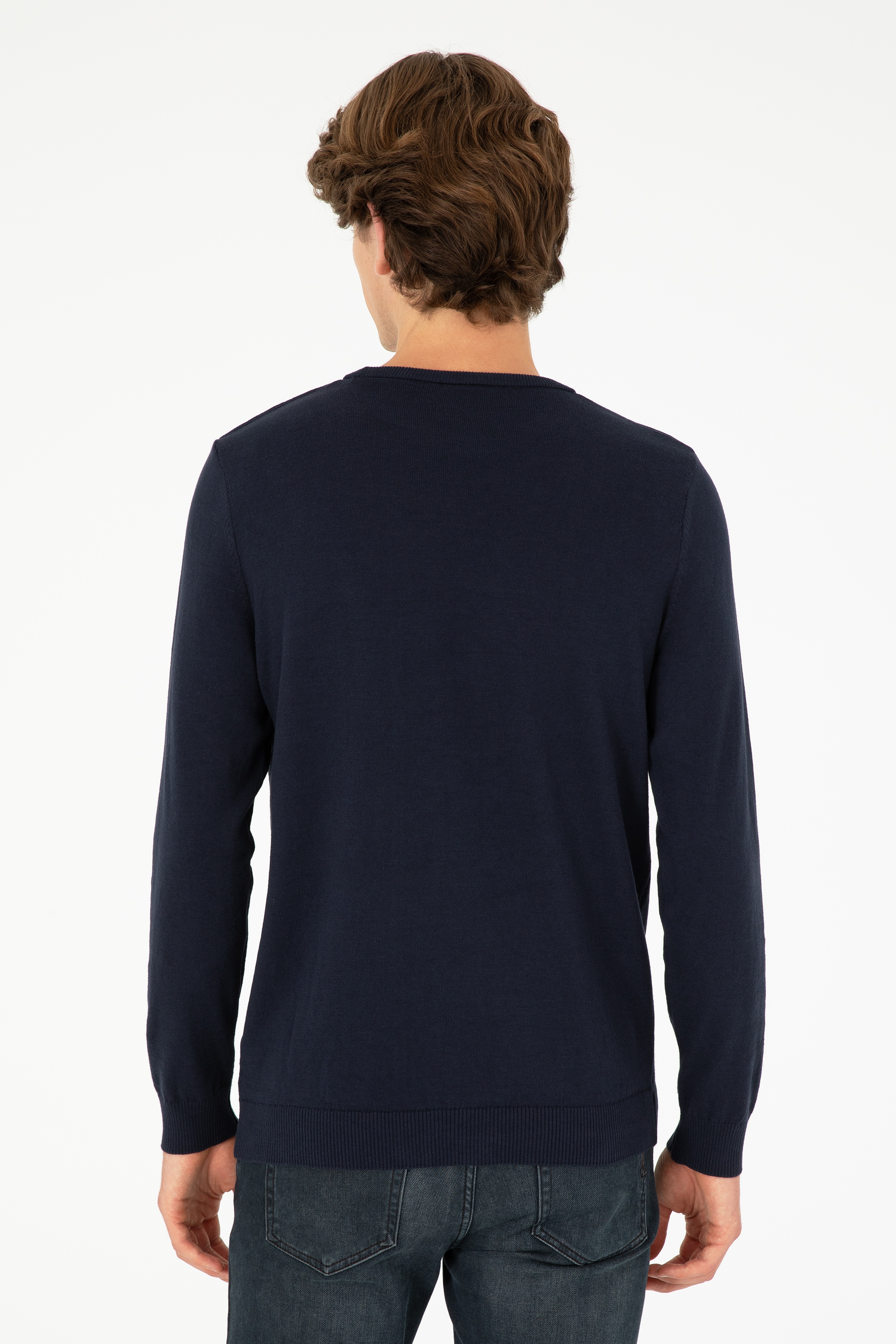 Erkek Slim Fit Bisiklet Yaka Lacivert Basic Kazak - Image 5