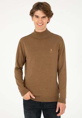 Erkek Slim Fit Yarım Boğazlı Haki Melanj Basic Kazak - 50288887019