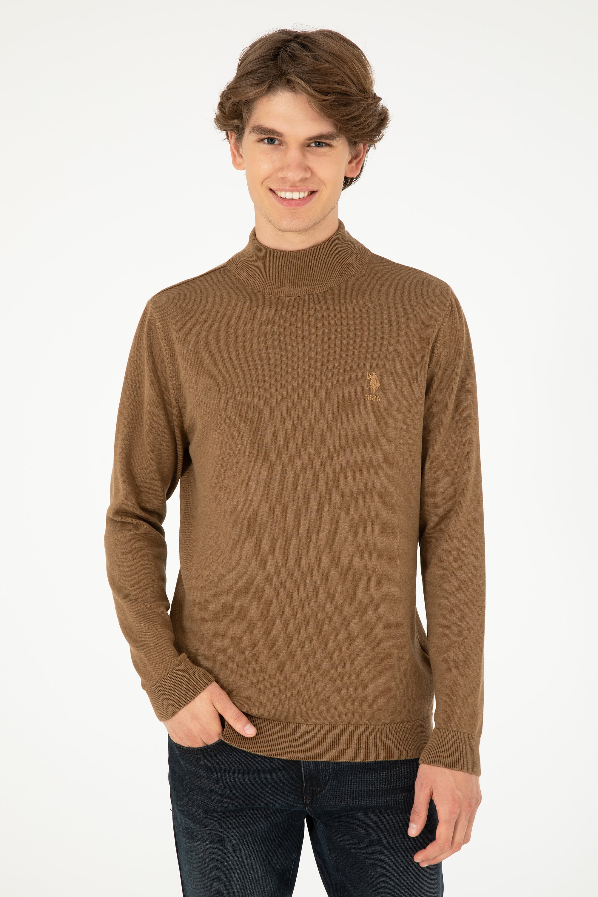 Erkek Slim Fit Yarım Boğazlı Haki Melanj Basic Kazak - Image 3