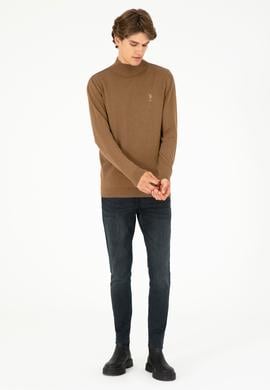 Erkek Slim Fit Yarım Boğazlı Haki Melanj Basic Kazak - 50288887019