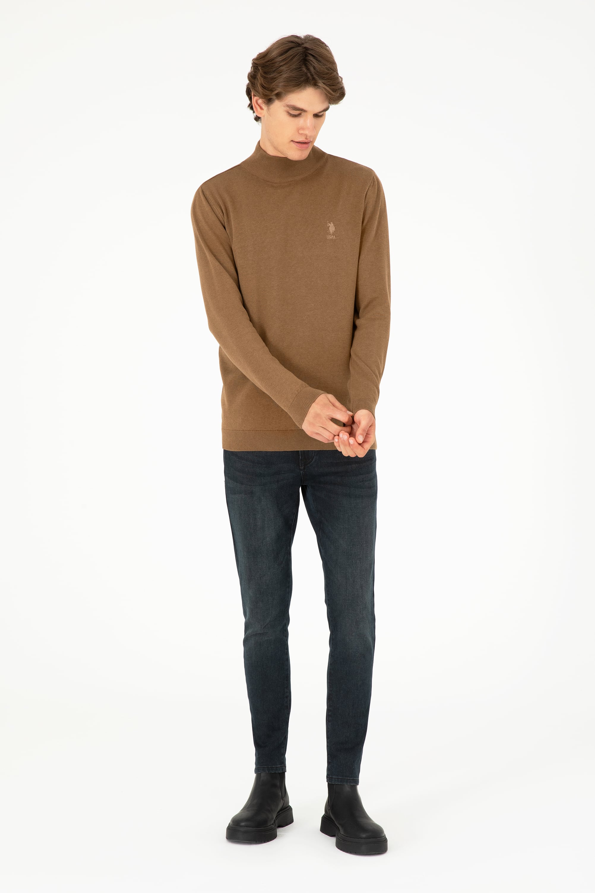 Erkek Slim Fit Yarım Boğazlı Haki Melanj Basic Kazak - Image 4