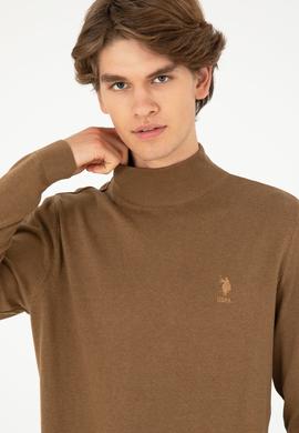 Erkek Slim Fit Yarım Boğazlı Haki Melanj Basic Kazak - 50288887019