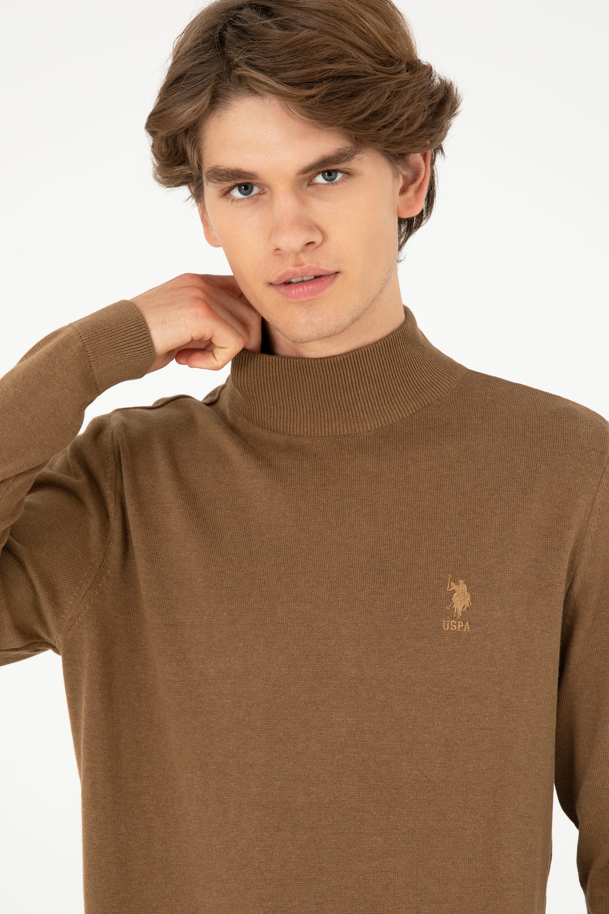 Erkek Slim Fit Yarım Boğazlı Haki Melanj Basic Kazak