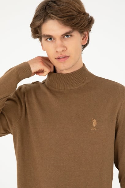 Erkek Slim Fit Yarım Boğazlı Haki Melanj Basic Kazak
