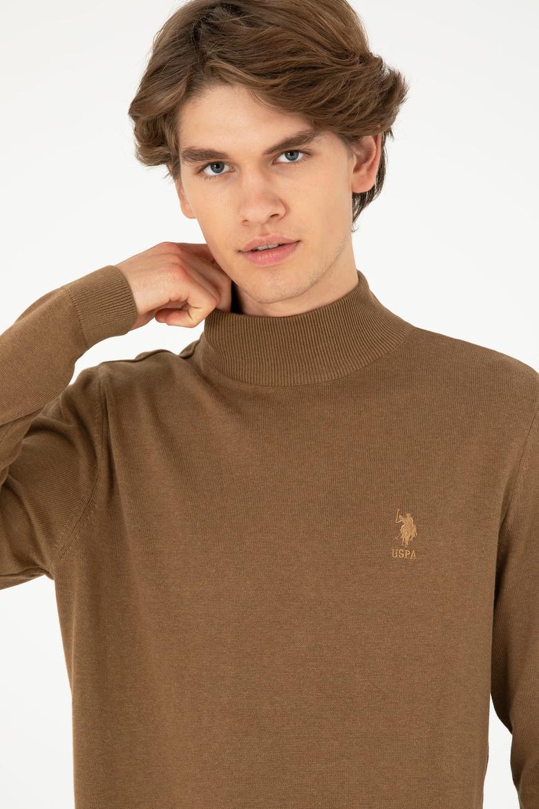 Erkek Slim Fit Yarım Boğazlı Haki Melanj Basic Kazak - 50288887019