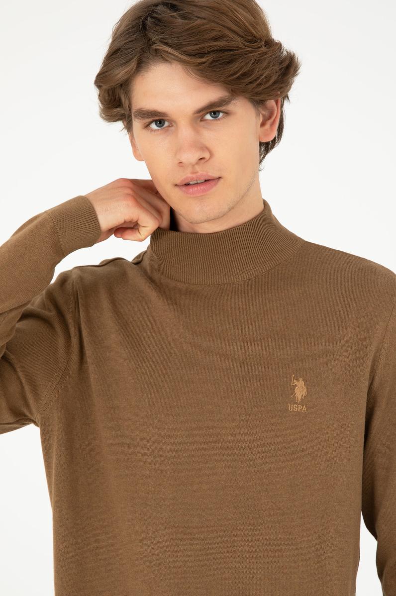 Erkek Slim Fit Yarım Boğazlı Haki Melanj Basic Kazak