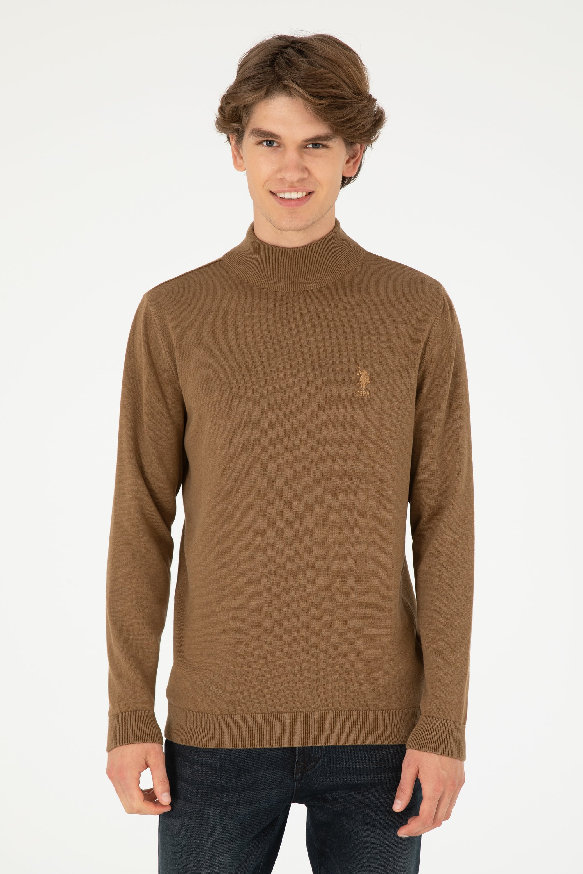 Erkek Slim Fit Yarım Boğazlı Haki Melanj Basic Kazak