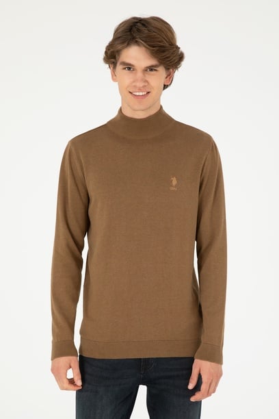Erkek Slim Fit Yarım Boğazlı Haki Melanj Basic Kazak