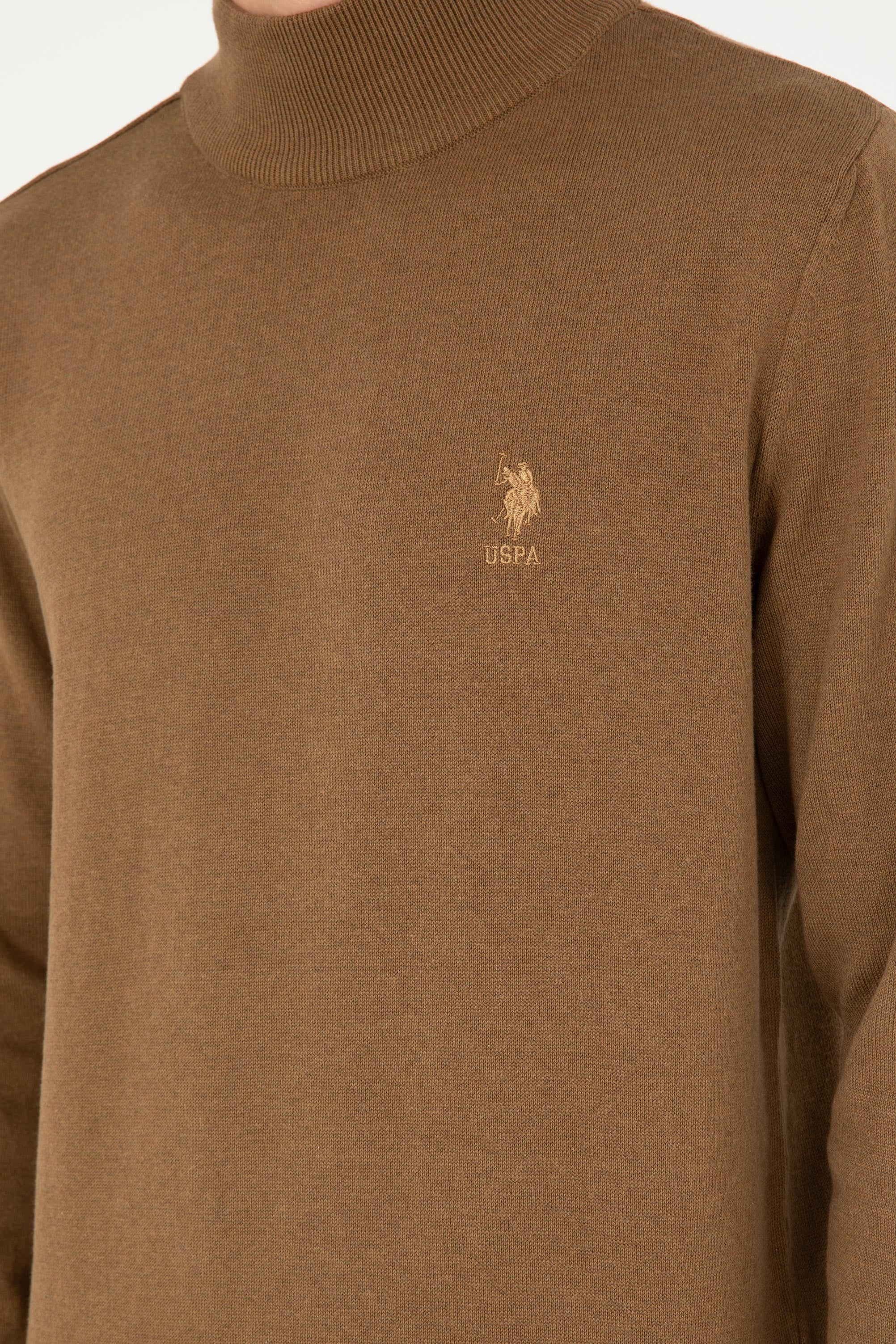 Erkek Slim Fit Yarım Boğazlı Haki Melanj Basic Kazak