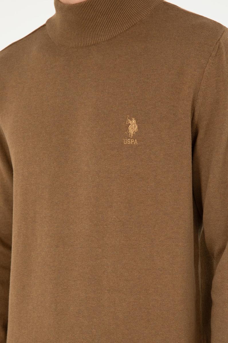 Erkek Slim Fit Yarım Boğazlı Haki Melanj Basic Kazak