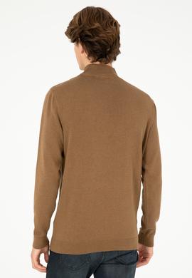 Erkek Slim Fit Yarım Boğazlı Haki Melanj Basic Kazak - 50288887019