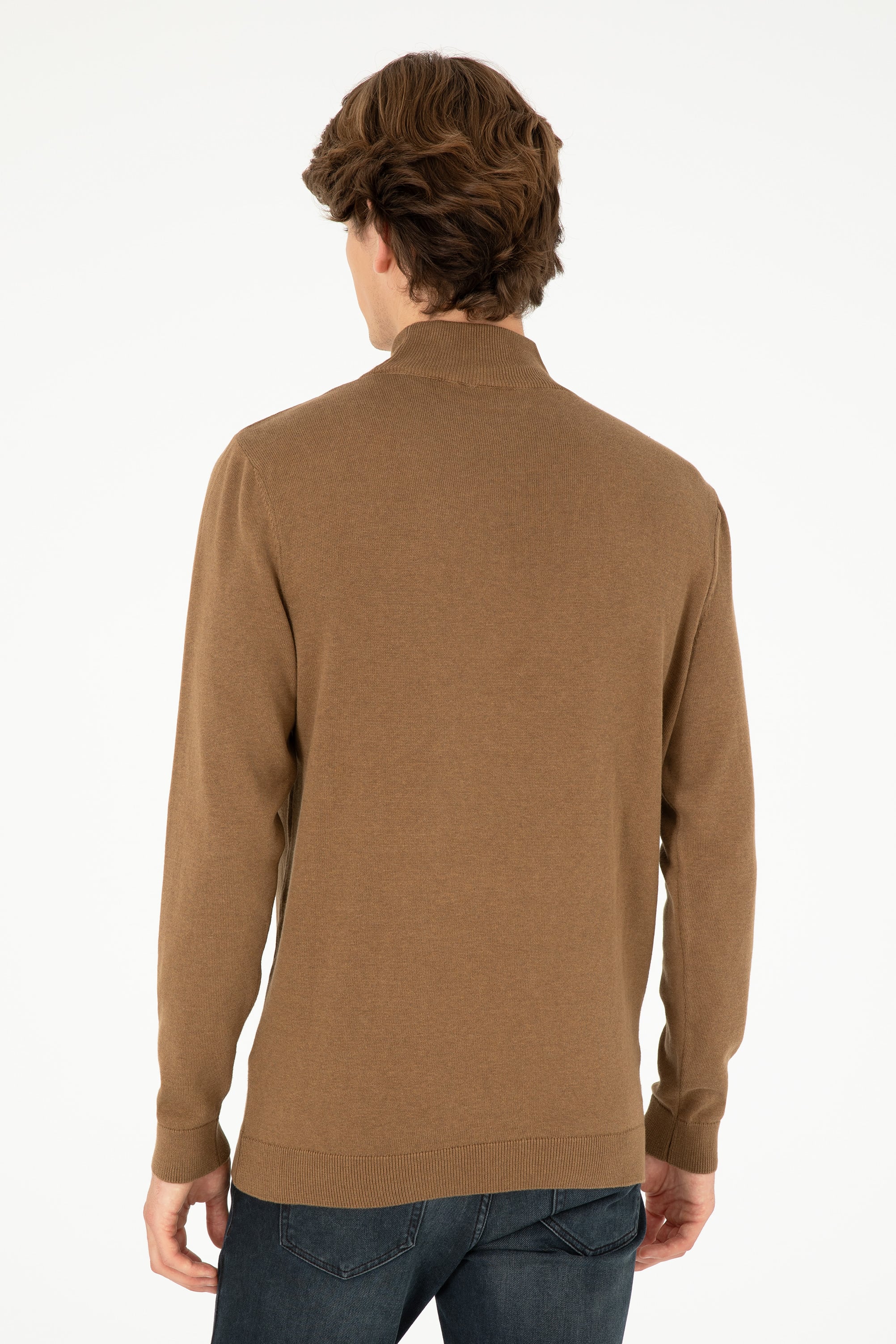 Erkek Slim Fit Yarım Boğazlı Haki Melanj Basic Kazak