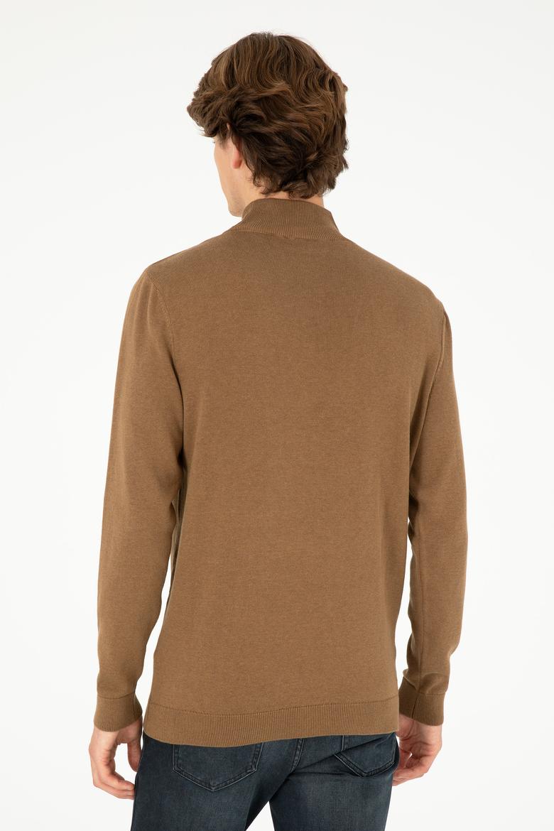 Erkek Slim Fit Yarım Boğazlı Haki Melanj Basic Kazak - 50288887019