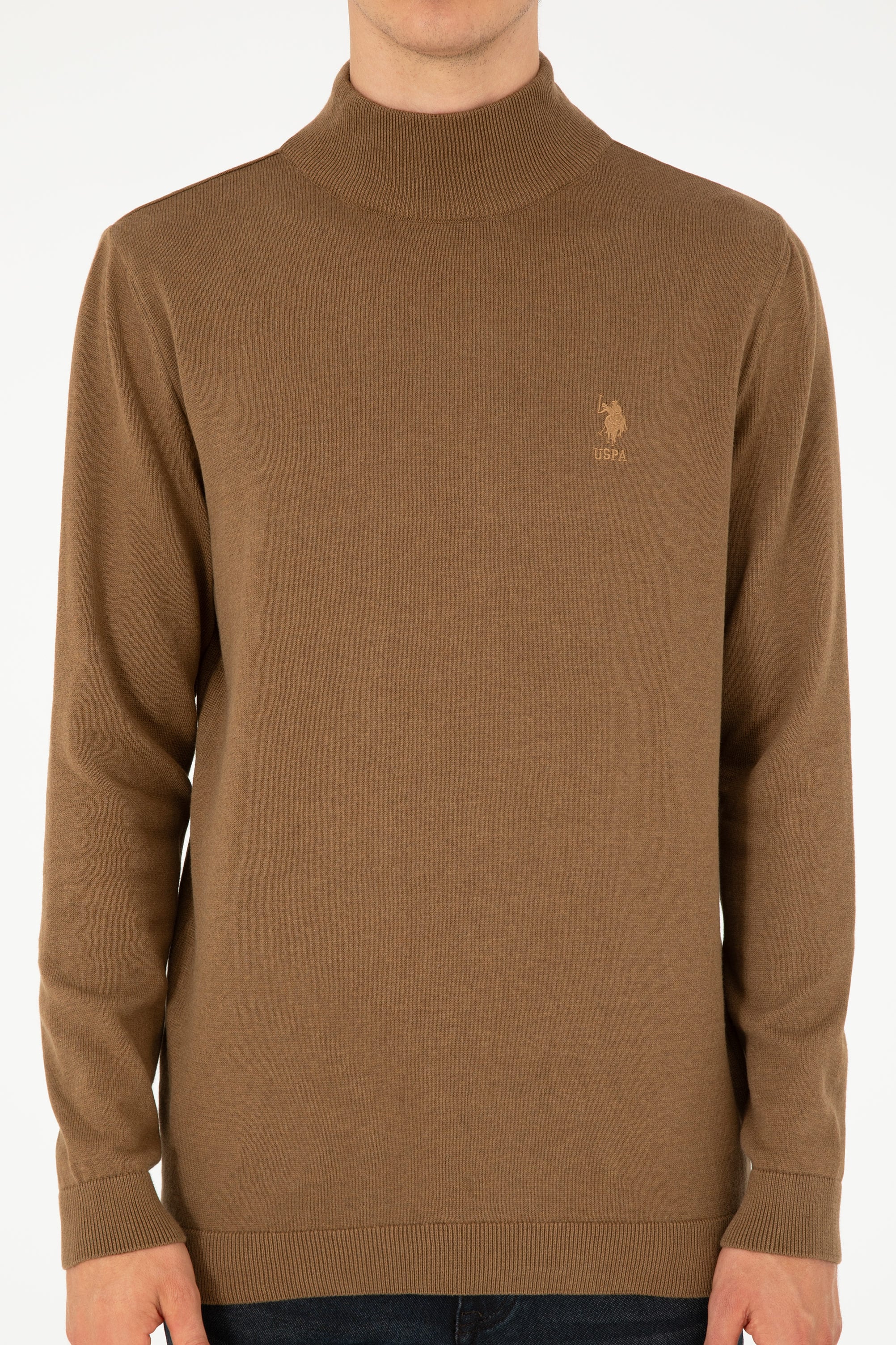 Erkek Slim Fit Yarım Boğazlı Haki Melanj Basic Kazak