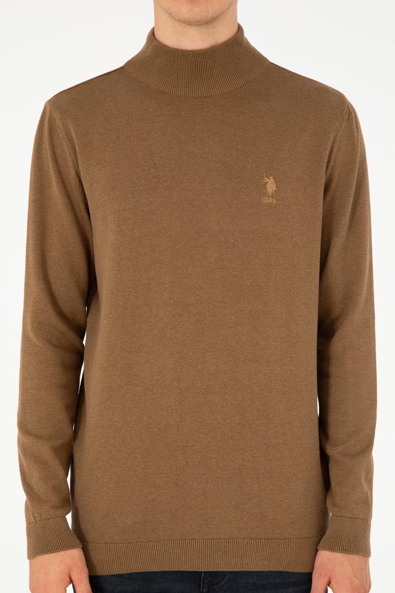 Erkek Slim Fit Yarım Boğazlı Haki Melanj Basic Kazak - 50288887019