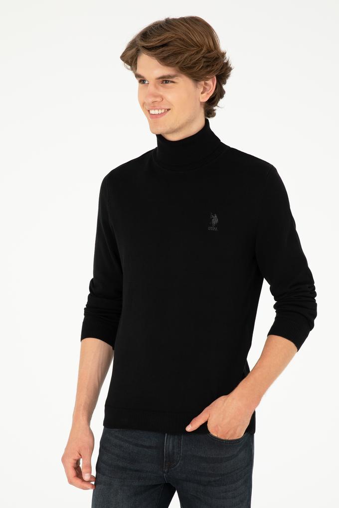 Erkek Slim Fit Boğazlı Yaka Siyah Basic Kazak