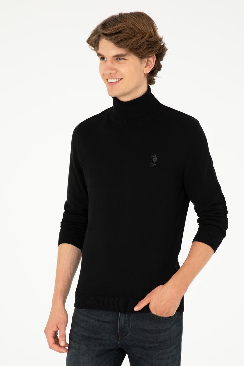 Erkek Slim Fit Boğazlı Yaka Siyah Basic Kazak