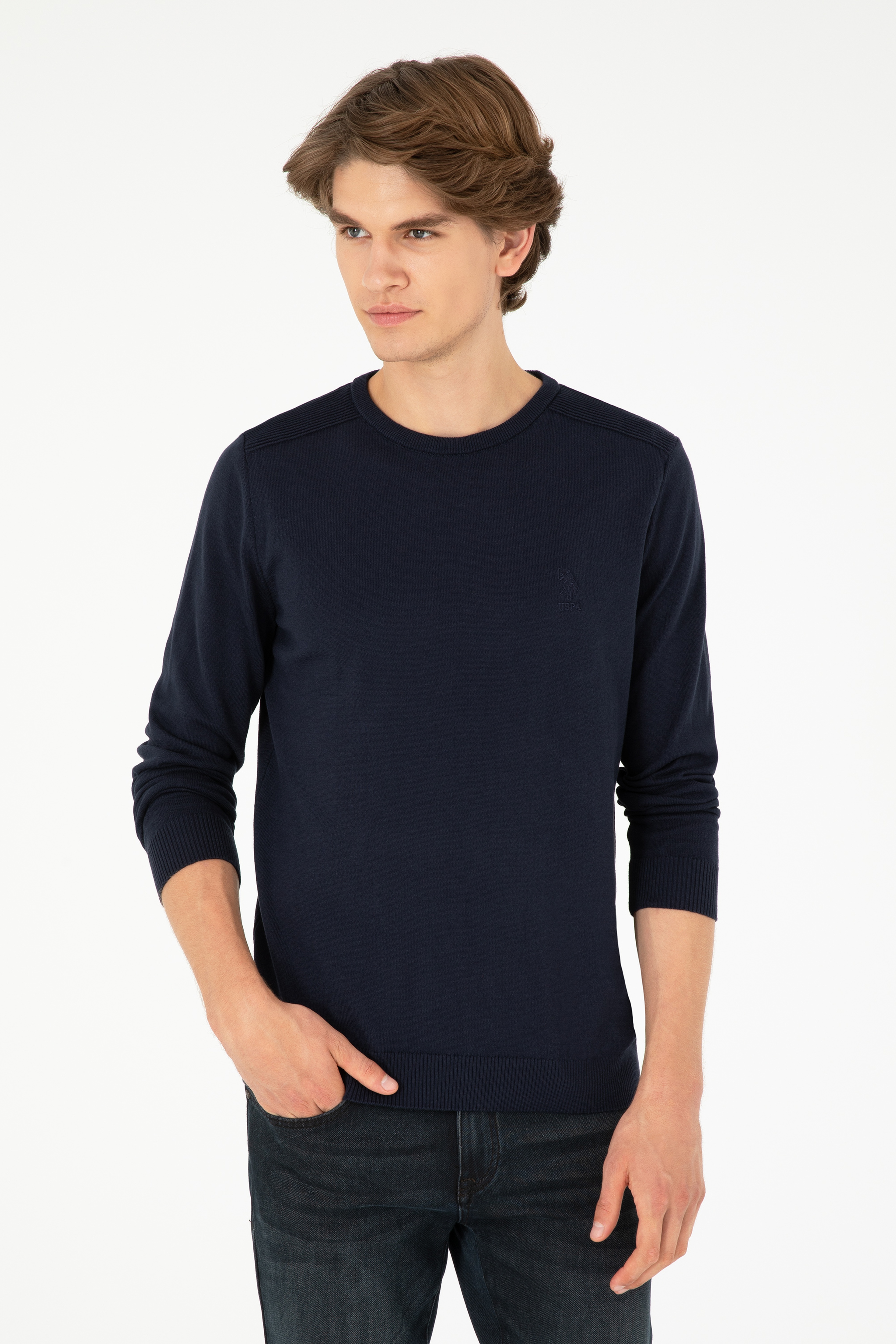 Erkek Slim Fit Bisiklet Yaka Lacivert Basic Kazak - Image 1