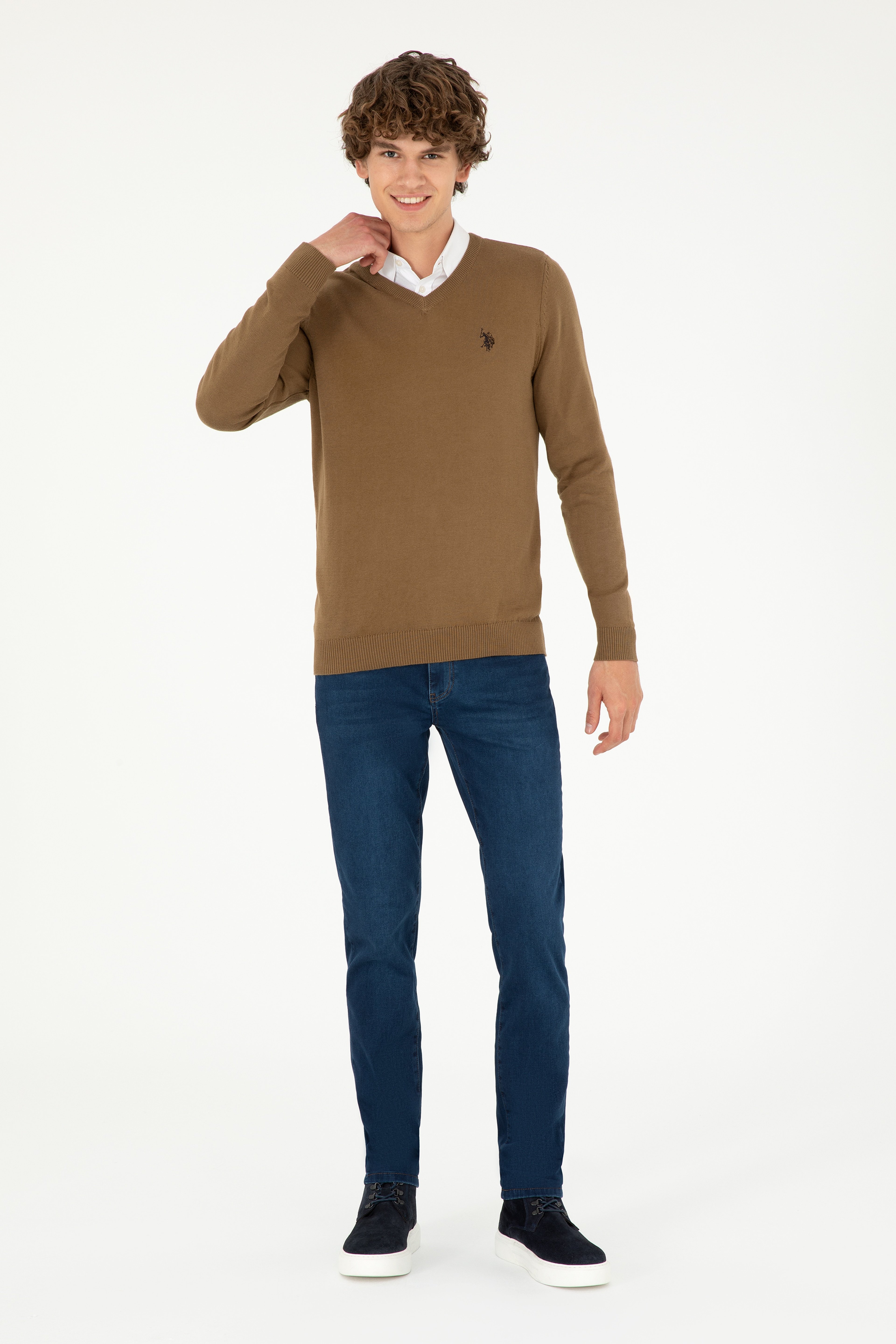Erkek Slim Fit V Yaka Haki Melanj Basic Kazak - Image 4