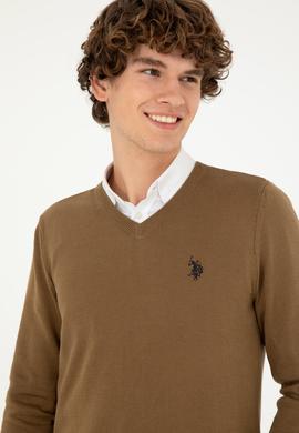 Erkek Slim Fit V Yaka Haki Melanj Basic Kazak - 50293512033