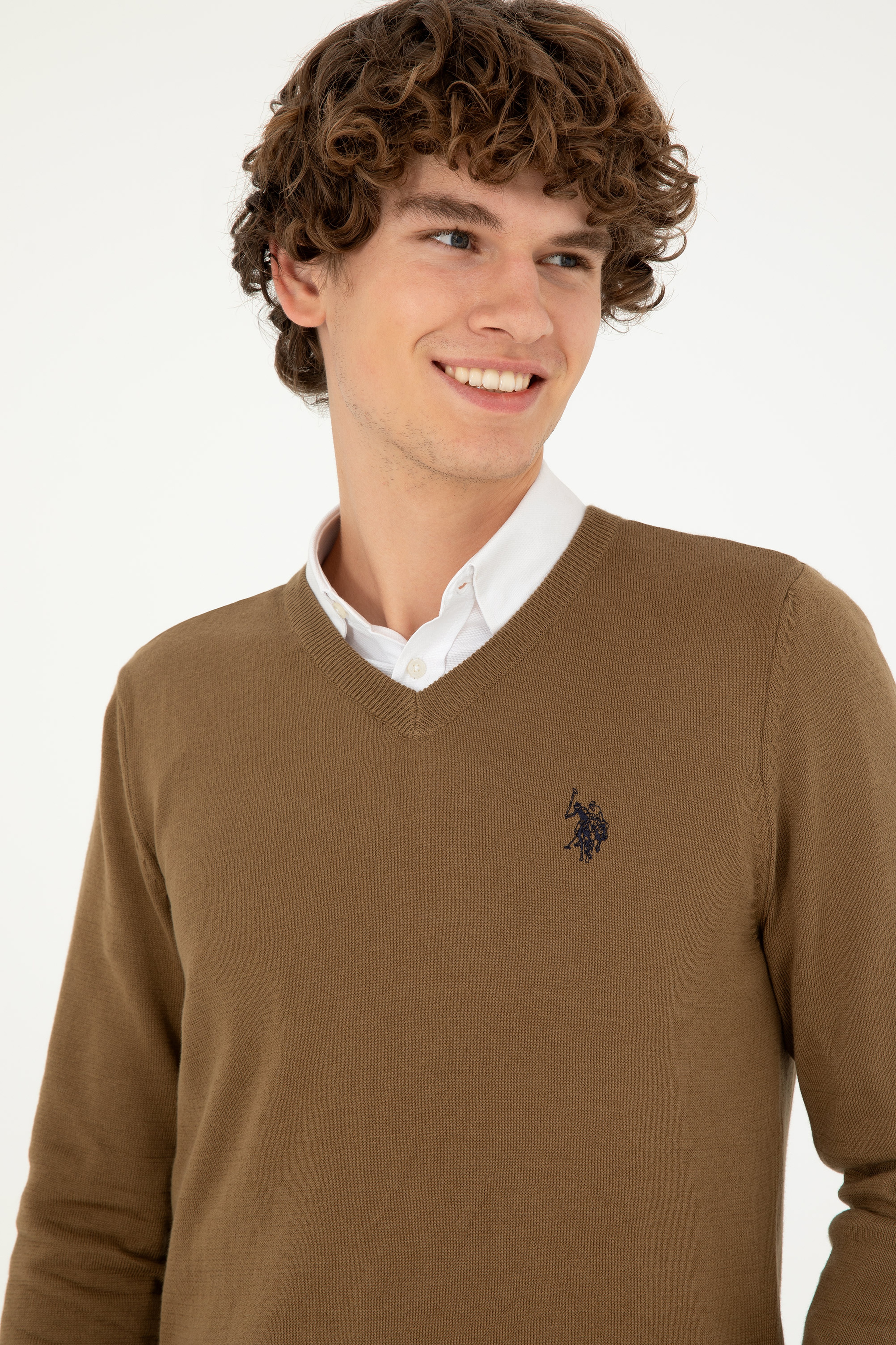 Erkek Slim Fit V Yaka Haki Melanj Basic Kazak