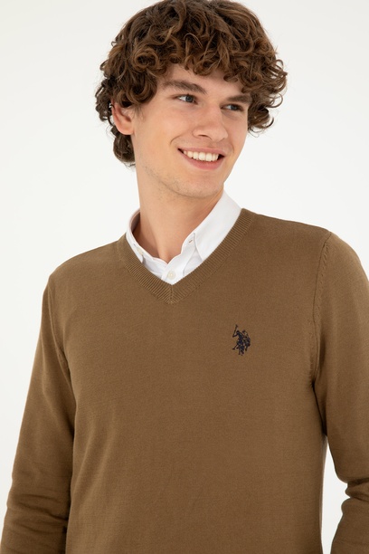 Erkek Slim Fit V Yaka Haki Melanj Basic Kazak