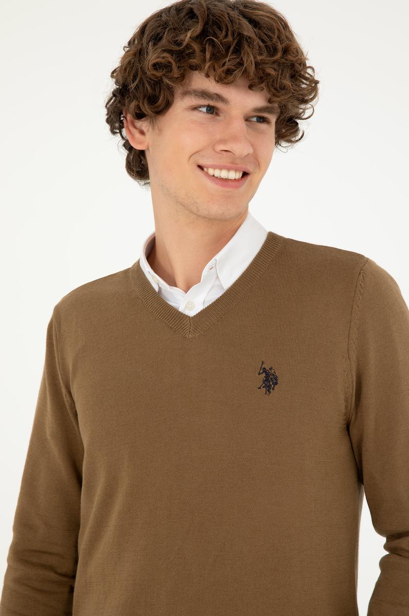 Erkek Slim Fit V Yaka Haki Melanj Basic Kazak