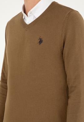 Erkek Slim Fit V Yaka Haki Melanj Basic Kazak - 50293512033