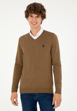 Erkek Slim Fit V Yaka Haki Melanj Basic Kazak - 50293512033