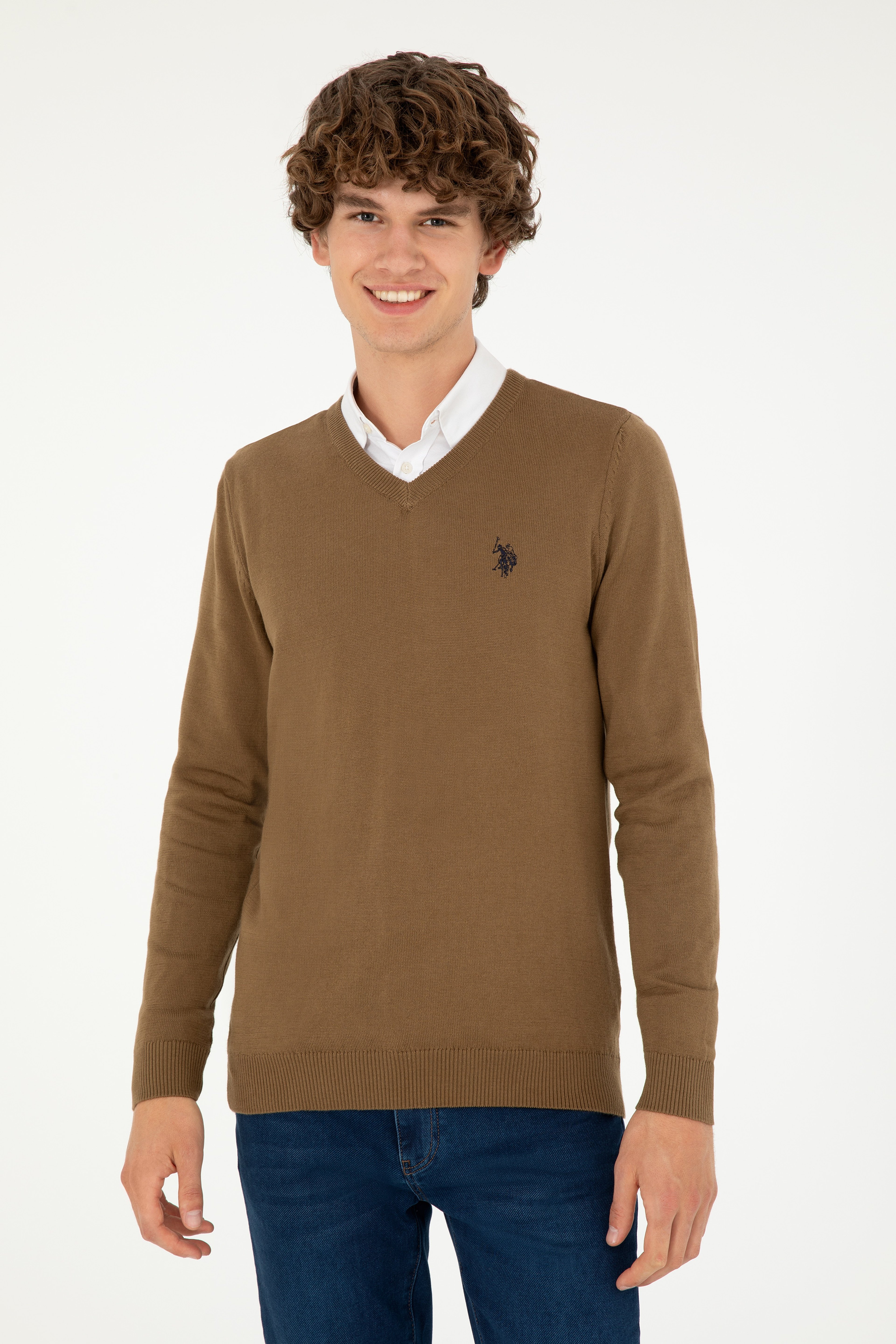 Erkek Slim Fit V Yaka Haki Melanj Basic Kazak